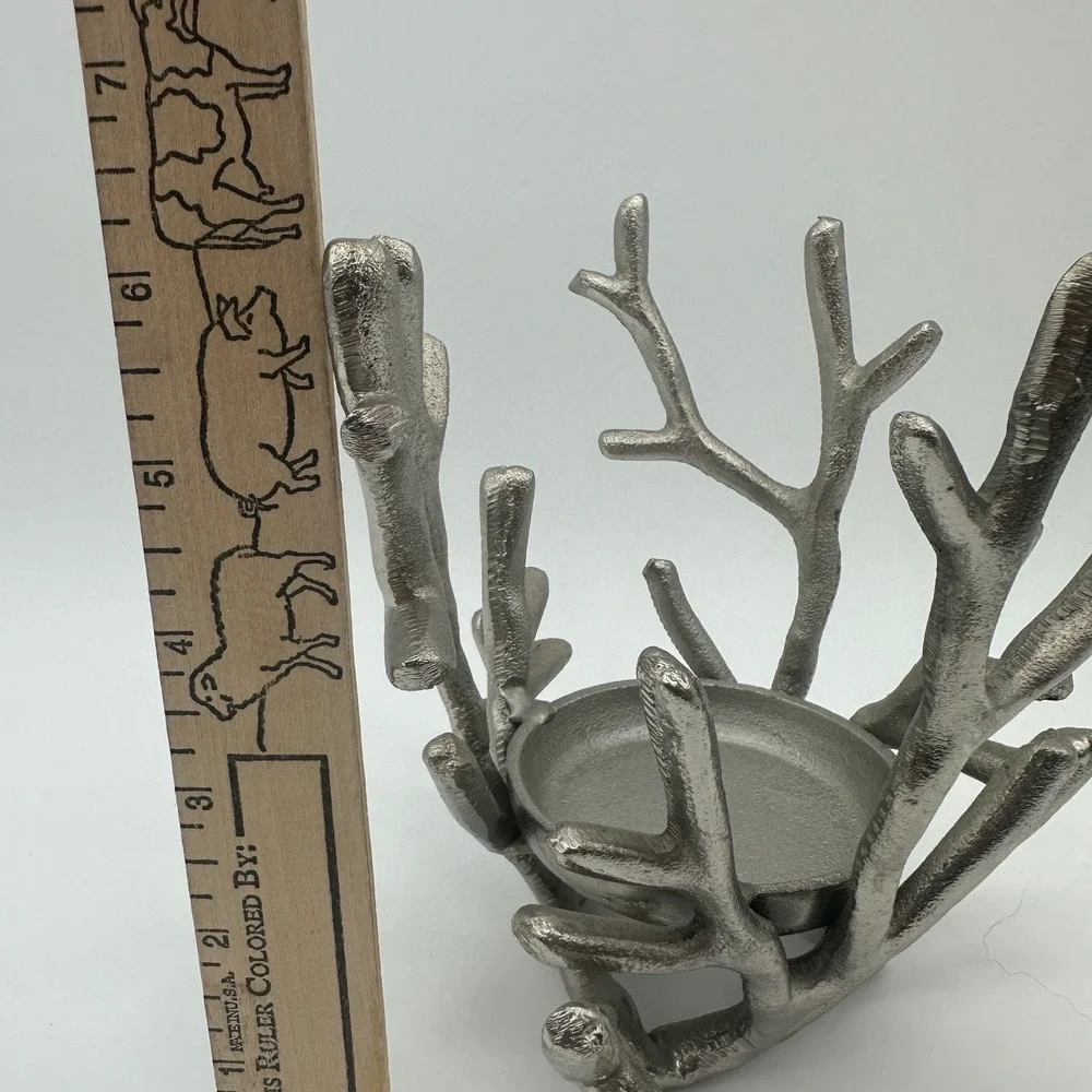 Silver Metal Branch Twig Antler Pillar Candle Holder Rustic Centerpiece 94911